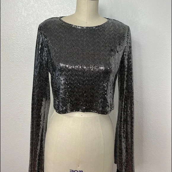 Vintage studio 54 Y2K silver black sparkle disco ball effect crop top S - Picture 2 of 6